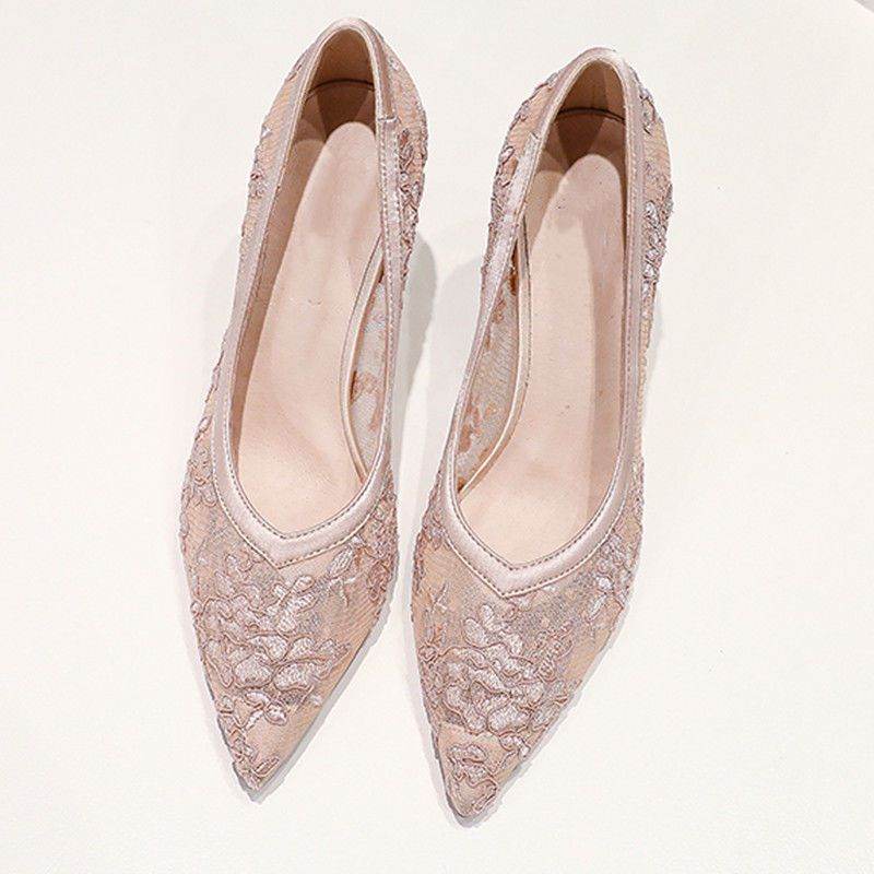 High Heels Mesh Breathable Sandals Female Pointed Stiletto Shallow Mouth Lace Bridesmaid Work Shoes - Mubimart