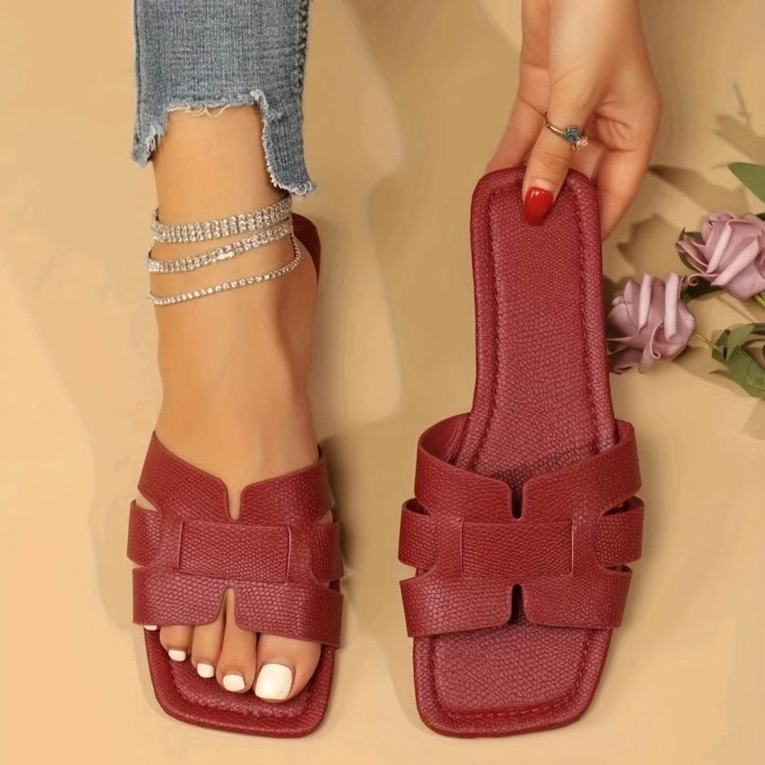 Square Toe Flat Sandals Summer Hollow Out Slides Slippers Women Footwear - Mubimart