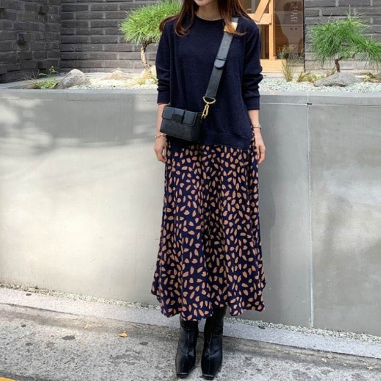 Plus Size Women's Long-sleeved T-shirt Stitching Print Big Swing Dress - Mubimart