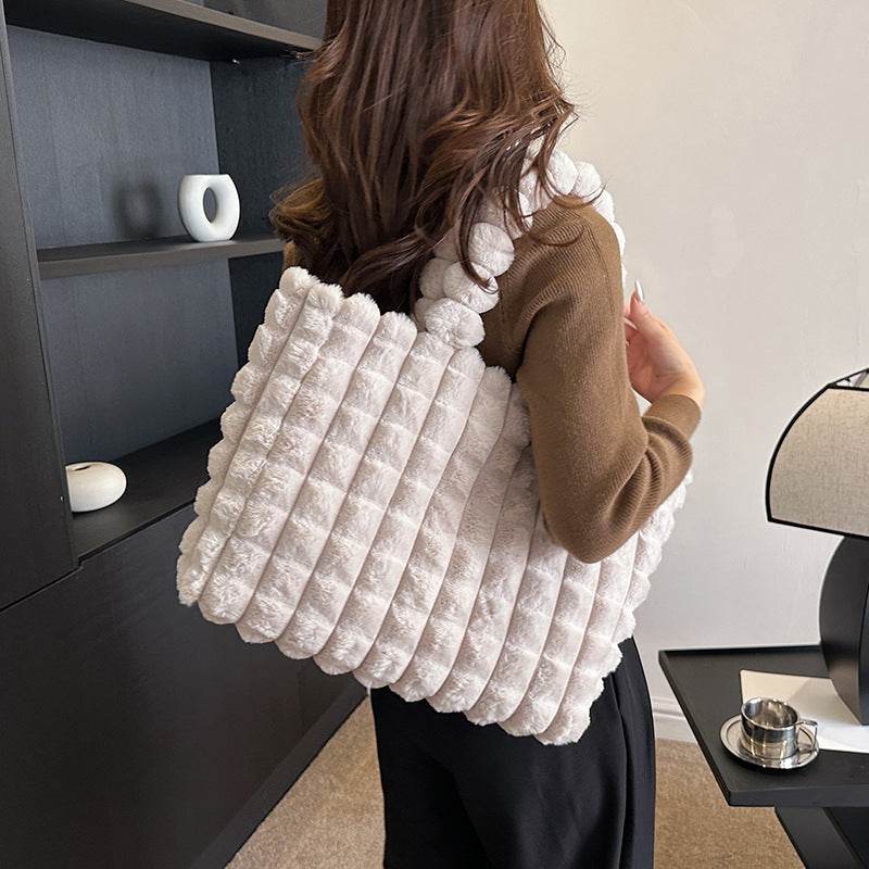Plaid Handbags Winter Fashion High Capacity Shopping Plush Bag Korean Style Personalized Designer Luxury Tote Bags For Women - Mubimart