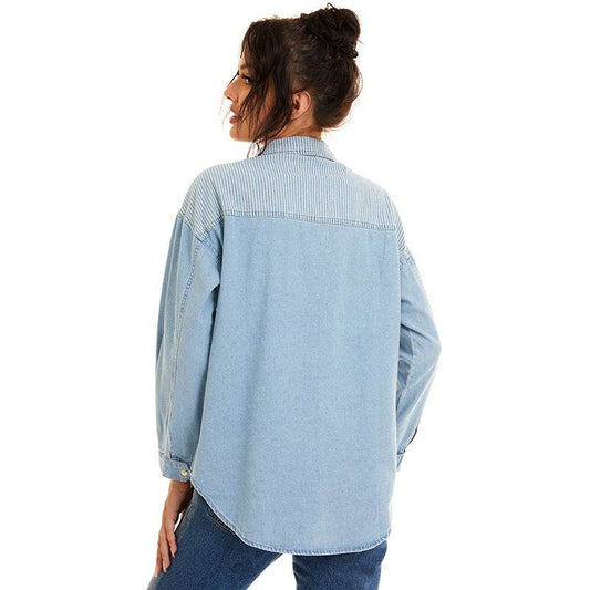 Loose Stitching Striped Shirt Jacket - Mubimart