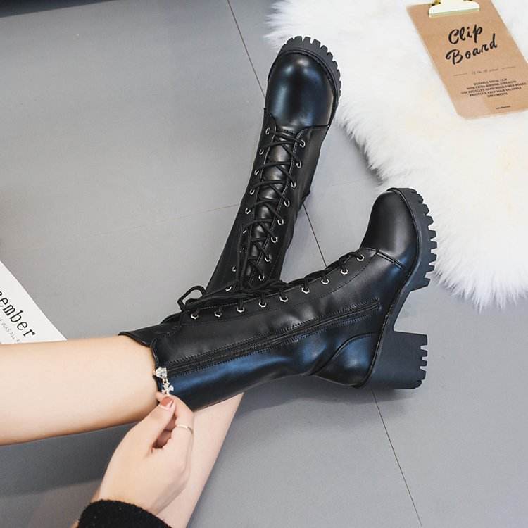Thick Bottom Increased By Lace-up Booties All-match Middle Tube Motorcycle Boots - Mubimart