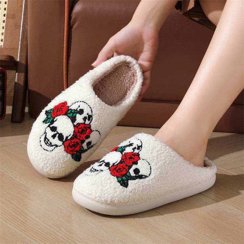 Halloween Skull Rose Slippers Winter Warm Indoor Floor Bedroom Home Slipper For Women - Mubimart