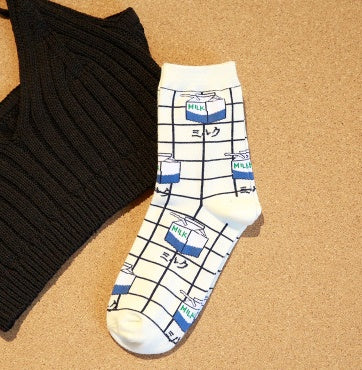 Milk Grid Crew Socks - Mubimart -  