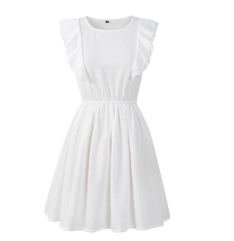 USA SIZE European and American leisure round neck ruffled sleeveless solid color mini dress women's clothing - Mubimart