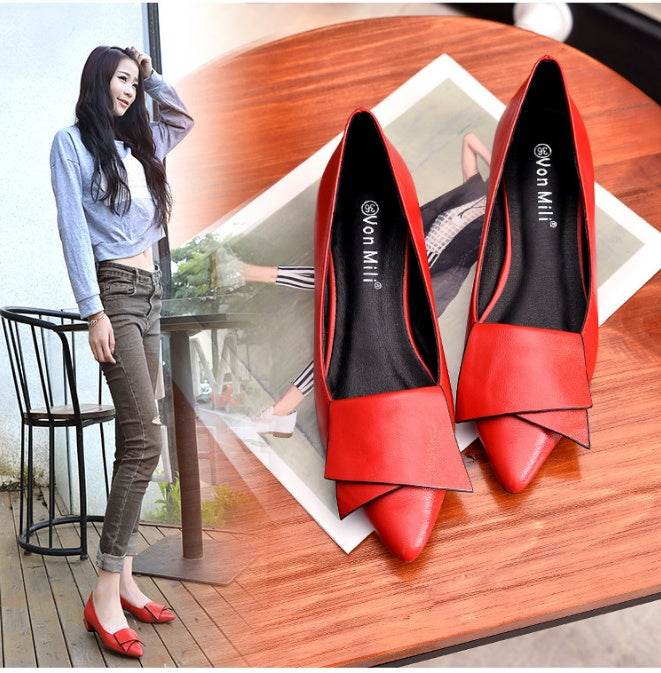 Pointed Single Shoes Female Low Heel Flat Bottom With Shallow Mouth Thick With Boat Shoes Scoop Shoes - Mubimart