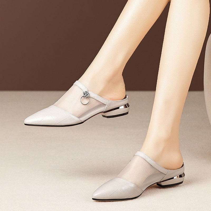 Fashion Mesh Hollow Toe Cap Block Heel Low Heel Sandals - Mubimart