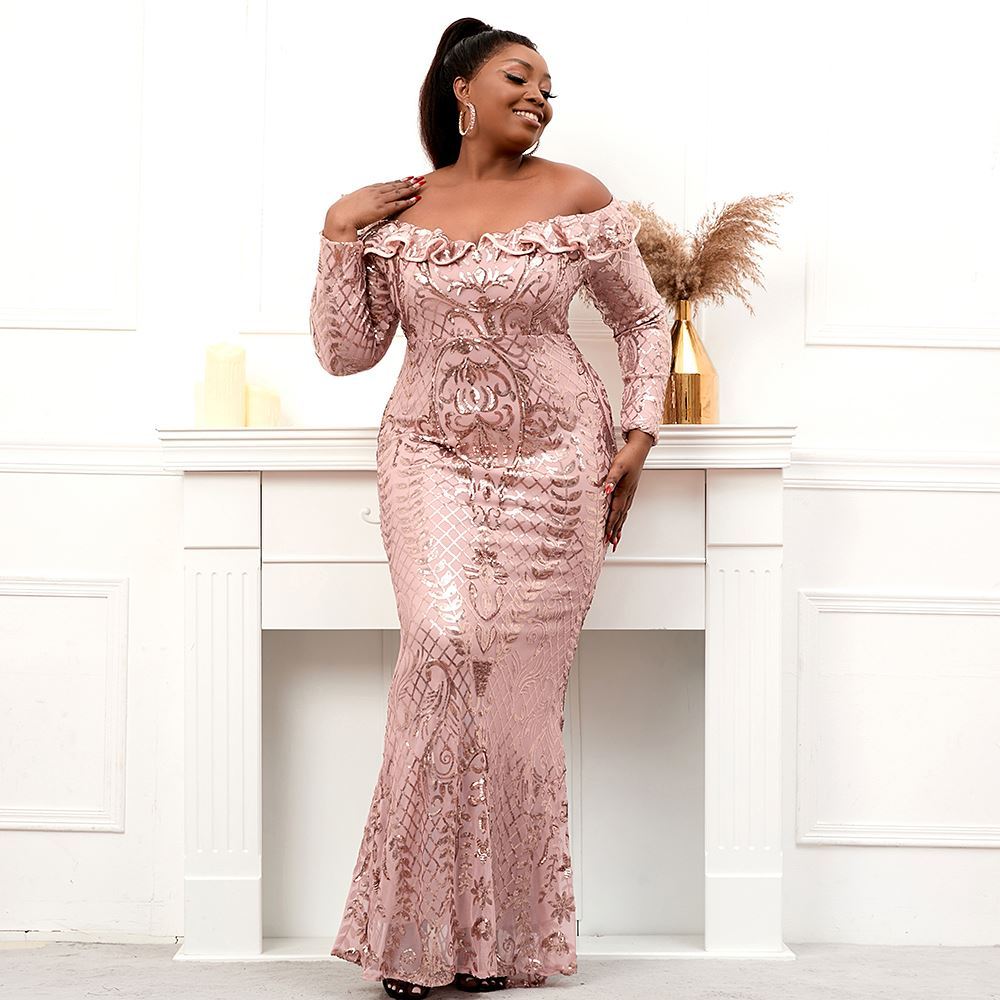 Plus Size Women Long Sve Bla GoSequin Evening Dress Ele - Mubimart - Women Plus Size Dress 