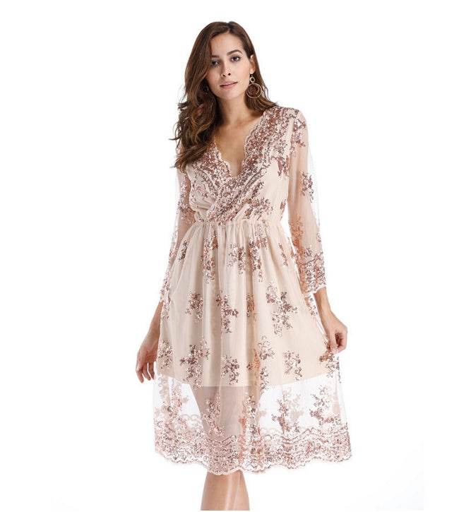 Simplee V long neck party dresses women sexy mesh streetwear Christmas MIDI dress female autumn dress - Mubimart
