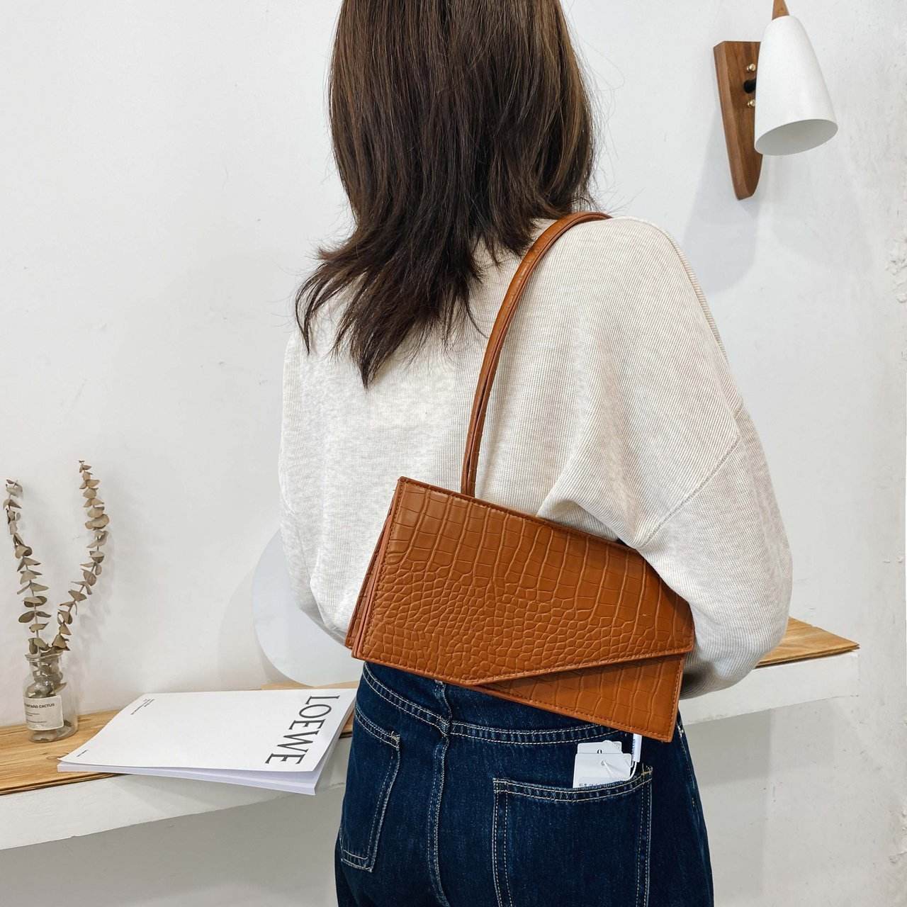 One shoulder messenger stone pattern small square bag - Mubimart
