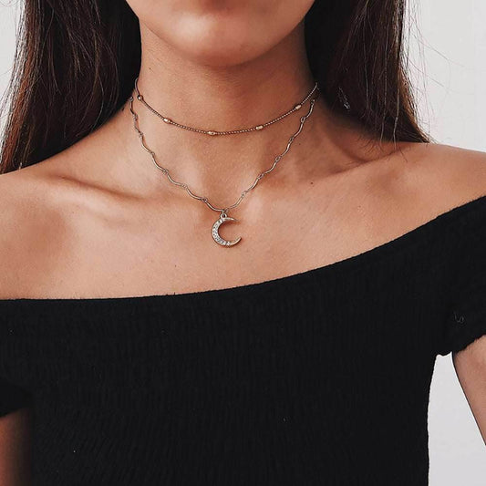 Double Chain Crystal Moon Choker Pendant Women - Mubimart