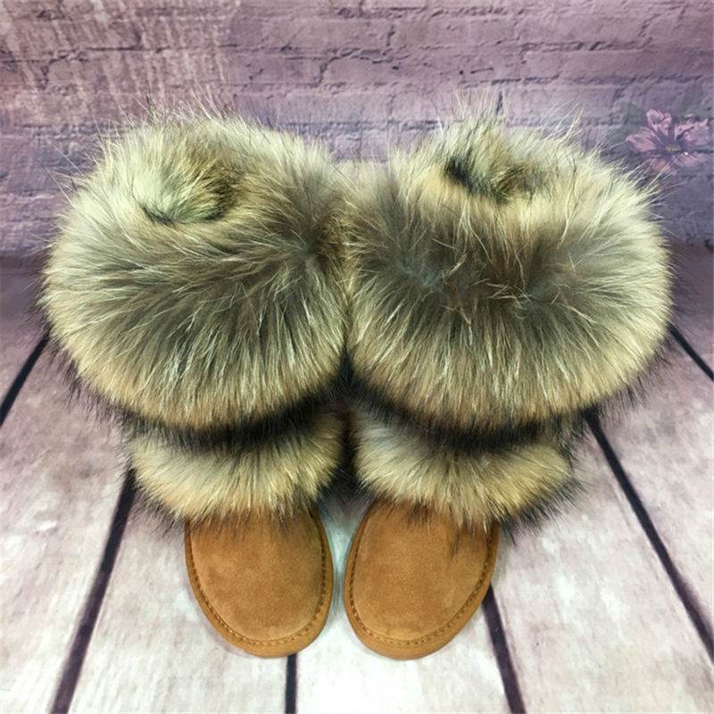 Women's Winter Mid-calf Fox Fur Snow Boots - Mubimart