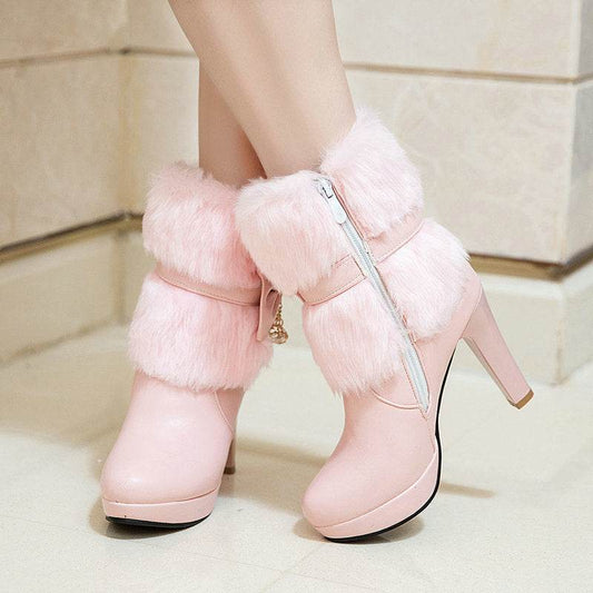 Sweet Princess Autumn And Winter Short Boots Snow Women Middle Boots Women Boots Thick Heel Short Boots - Mubimart