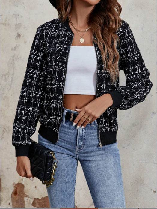 Fashion Plaid Zipper Short Jacket Autumn And Winter Casual Long Sleeve Baseball Clothing Women's Outwear Tops - Mubimart