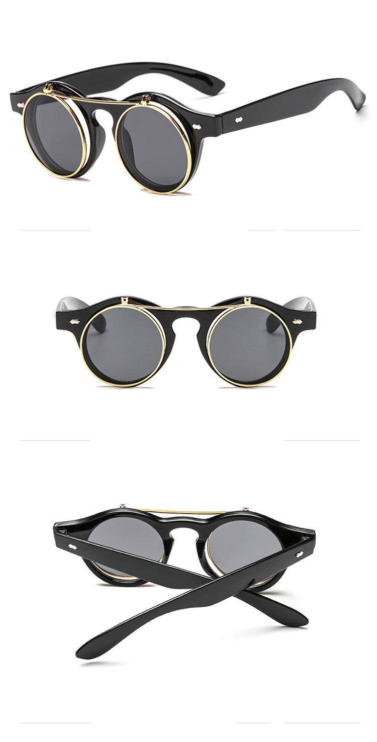 Sunglasses Women Brand Designer Retro Round Steampunk Steam Punk Metal Flip Cover Fashion Sun Glasses - Mubimart