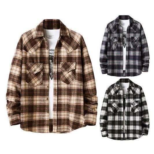 Men's Long Sleeve Flannel Plaid Shirt Jacket - Mubimart