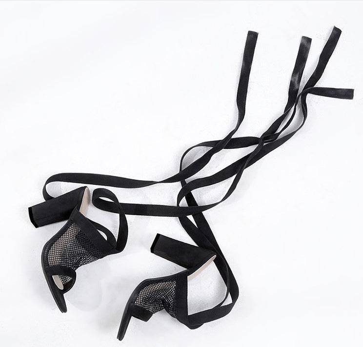 Women Sandals Bandage Flock Cross Strap Lace Up High Heels Sandal - Mubimart