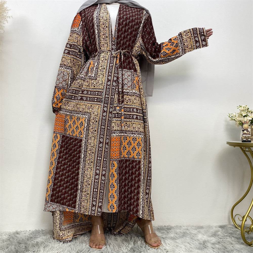 Loose Plus Size Paris Beads Retro Long Sleeve Robe - Mubimart
