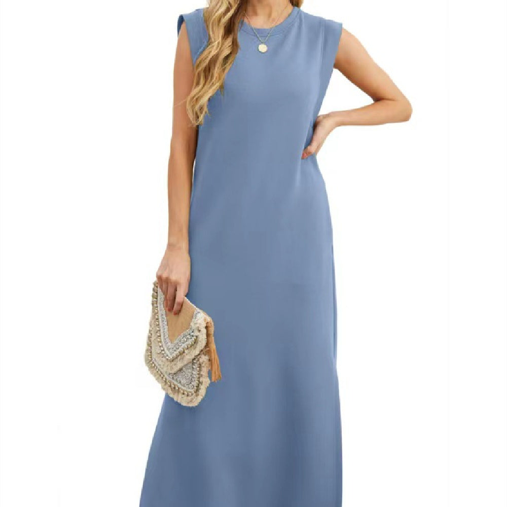 Summer Sleeveless Slit Dress With Pockets Casual Loose Long Dresses For Womens Clothing - Mubimart -  