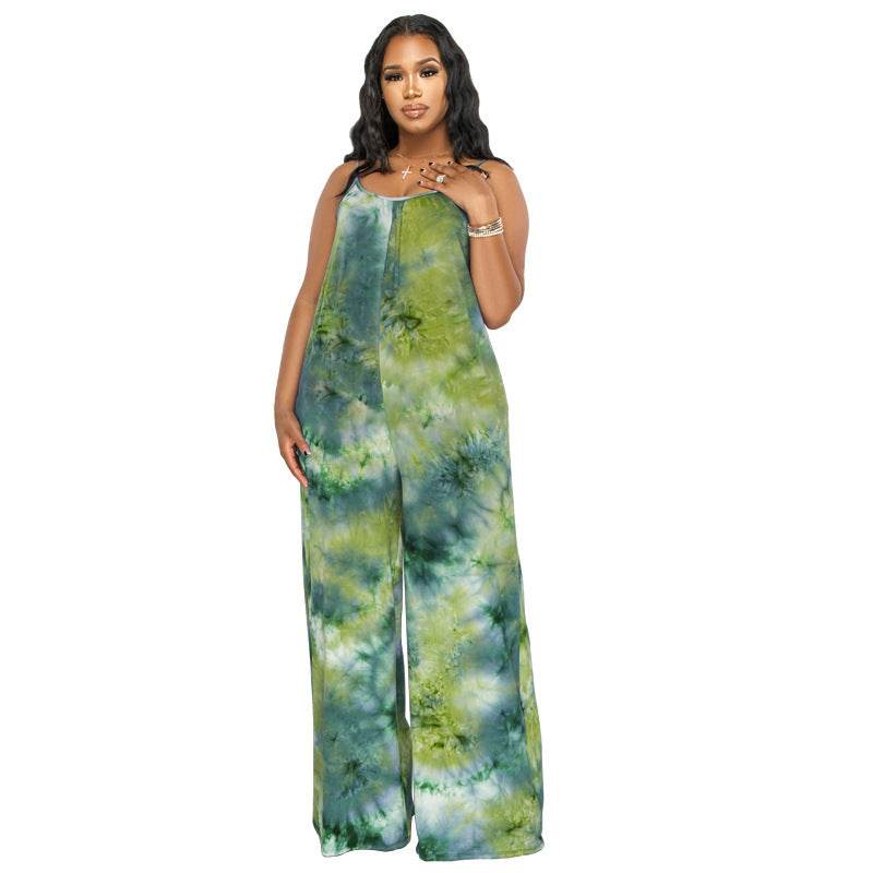 Tie-dyed Printed Sling Casual Plus Size Jumpsuit - Mubimart