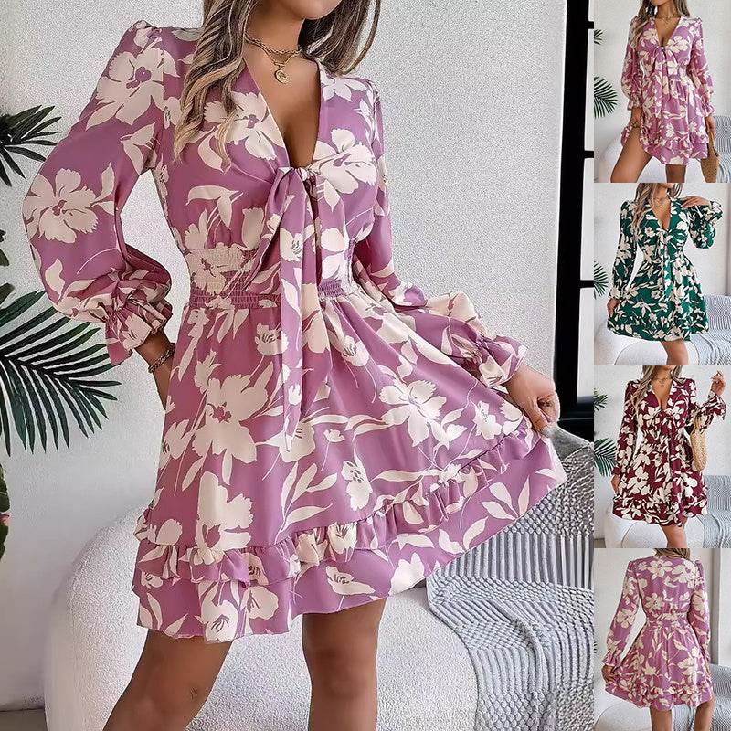 New Floral Printed V-Neck Long Sleeve Dress Fashion Ruffles Bowknot A-Line Short Dress Women's Clothing - Mubimart
