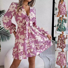 New Floral Printed V-Neck Long Sleeve Dress Fashion Ruffles Bowknot A-Line Short Dress Women's Clothing - Mubimart - Plus Size Casual Dress 