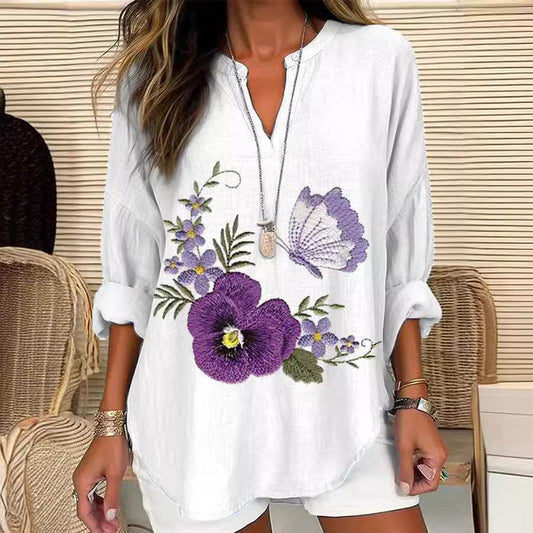 Loose Printed Neck Casual Plus Size Pullover - Mubimart