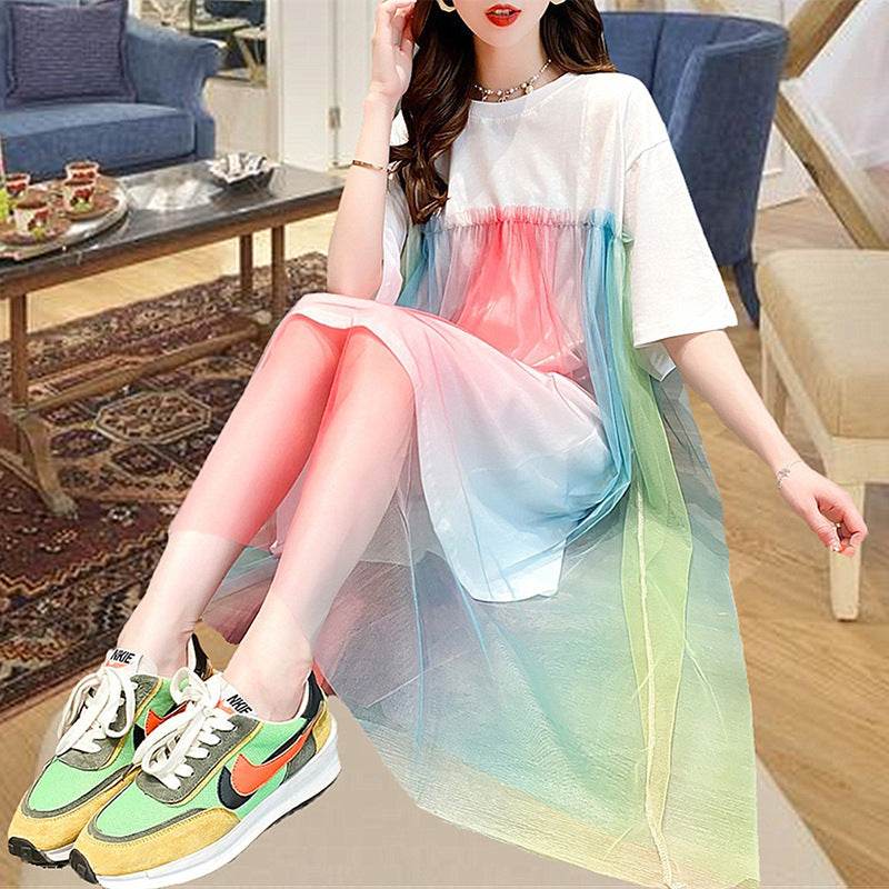 Rainbow Short-sleeved T-shirt Dress Women's Summer Dress Plus Size Mid-length - Mubimart