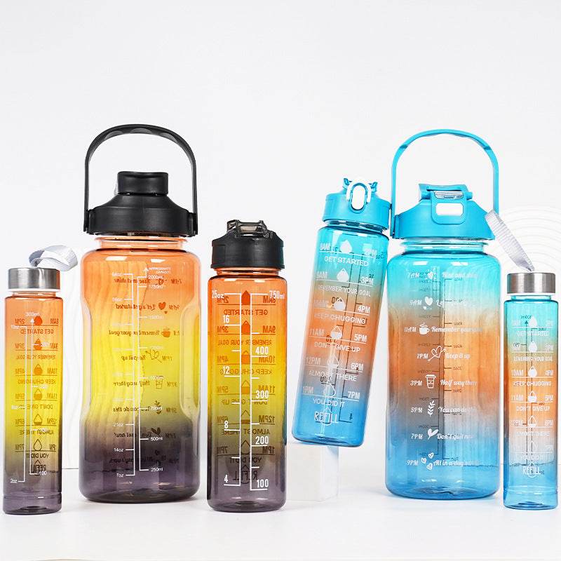 3-in-1 Gradient Color Motivational Water Bottles Set Plastic Straw Double Drink Translucent Outdoor Sports Bottle - Mubimart
