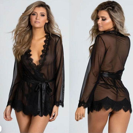 Bathrobe mesh eyelashes lace nightdress sexy nightwear lace underwear - Mubimart