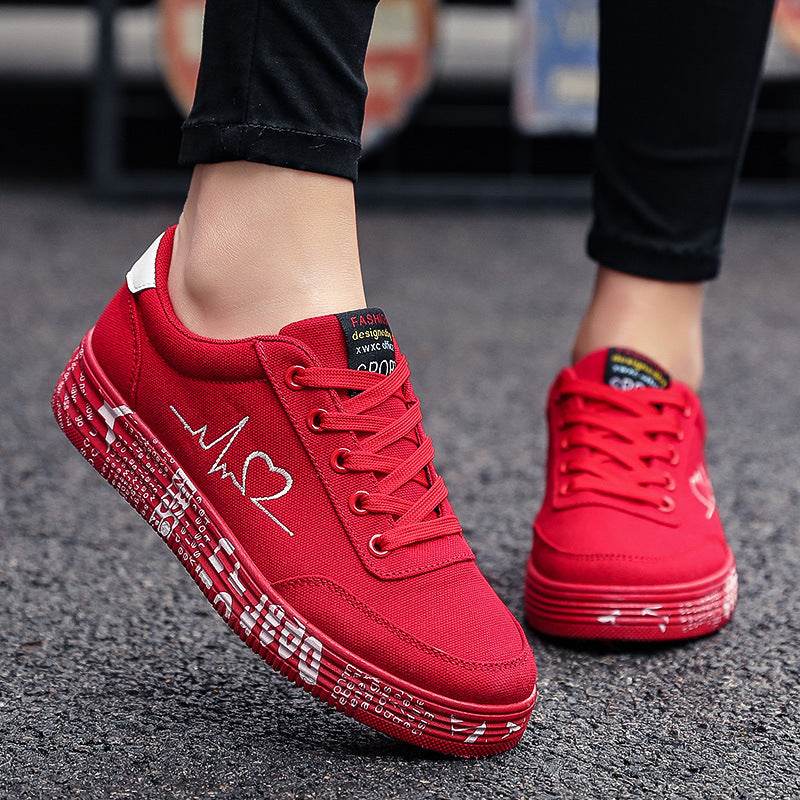 Love Print Canvas Shoes Women Men Flats Lace-up Casual Shoes Lover Sports Shoes Valentines Day - Mubimart