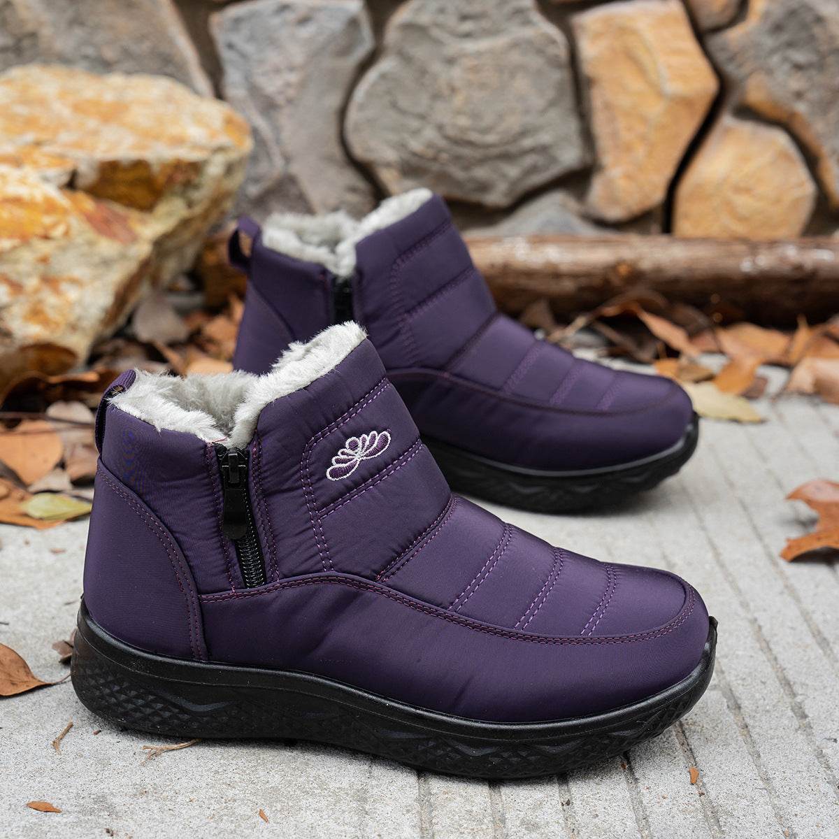 Winter Snow Boots WIth Side Zipper Casual Warm Plush Flat Shoes Women's Fleece Ankle Boot - Mubimart