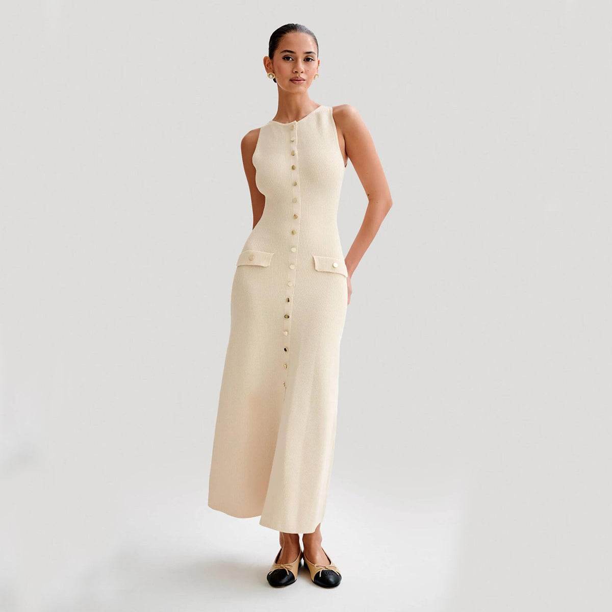 Elegant Knitted Sleeveless Dress With Single Breast Fashion Slim Round Neck Long Dresses Womens Clothing - Mubimart