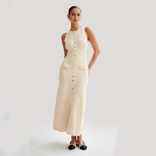 Elegant Knitted Sleeveless Dress With Single Breast Fashion Slim Round Neck Long Dresses Womens Clothing - Mubimart