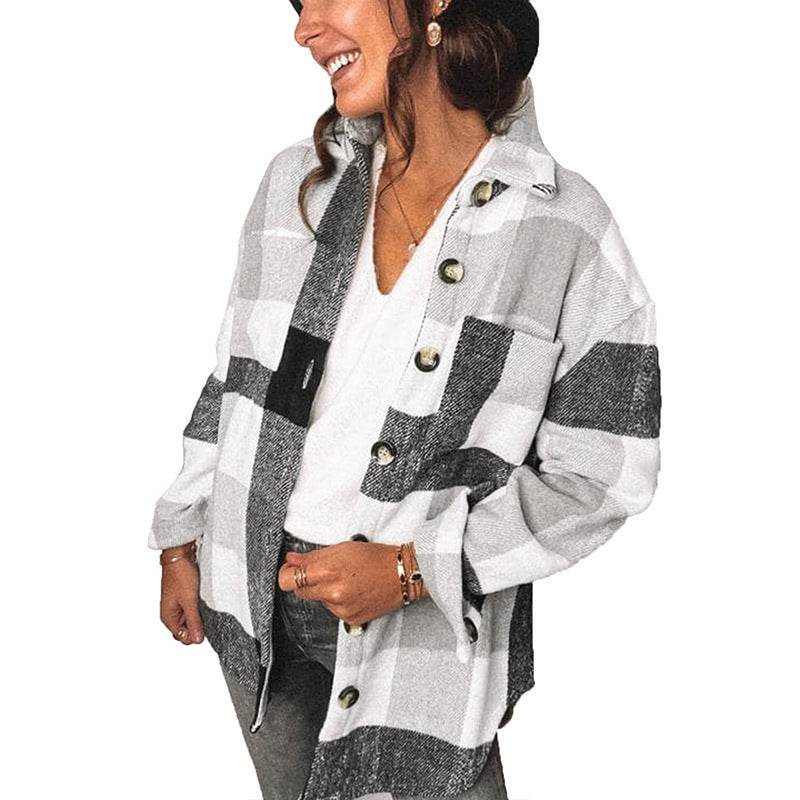 Casual Flannel Plaid Buttoned Shirt Jacket - Mubimart