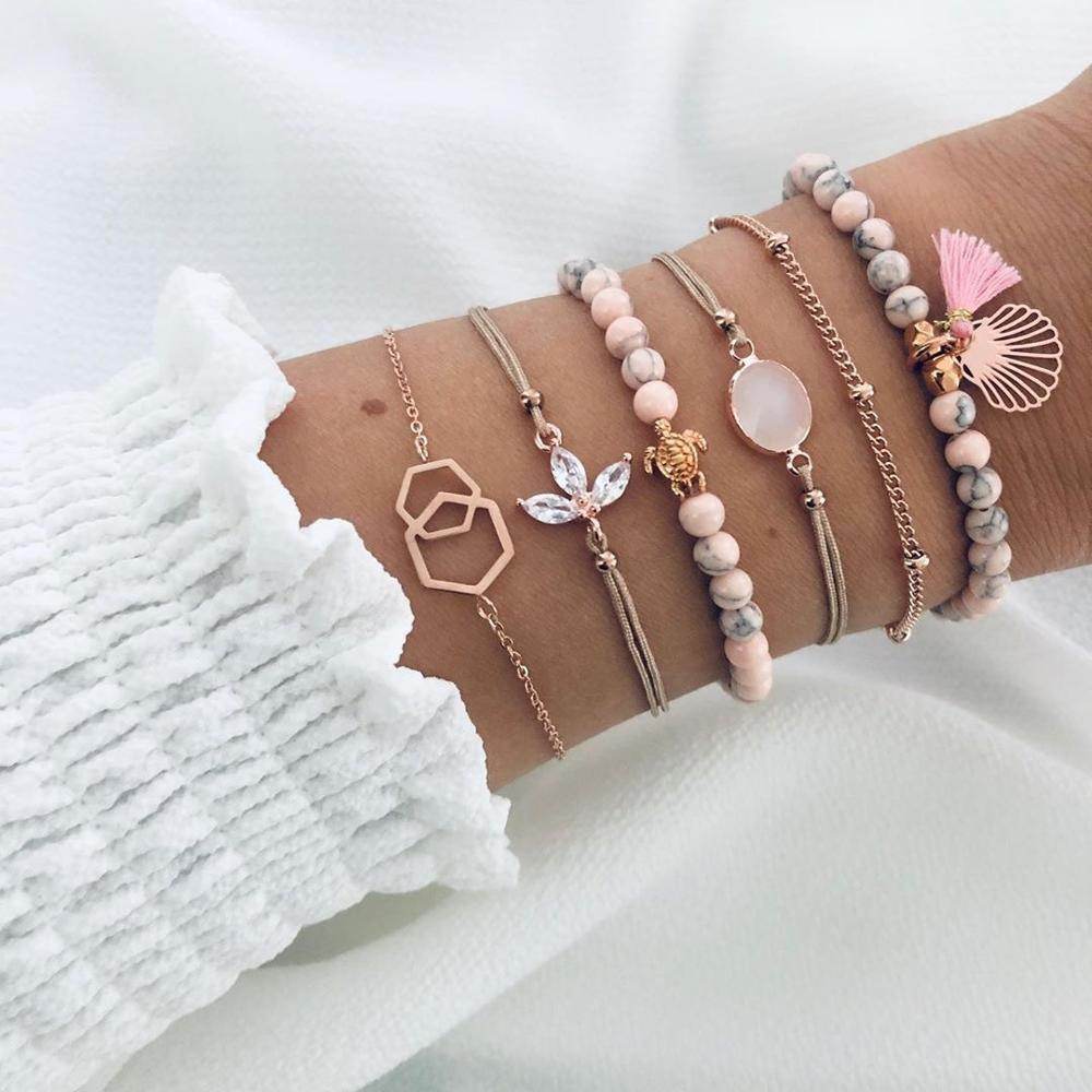 Tortoise rhinestone gemstone 6-piece bracelet - Mubimart