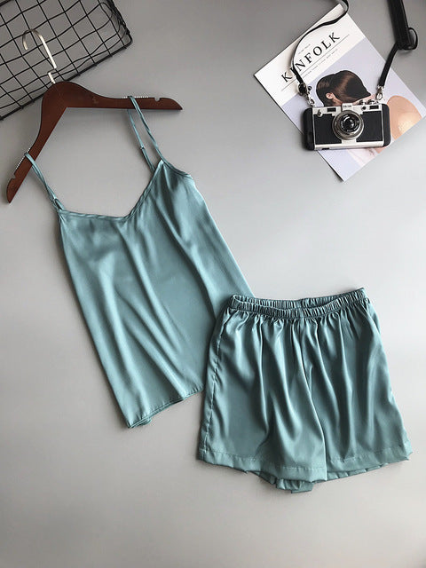 Plain Short Silky Pajama Set - Mubimart -  