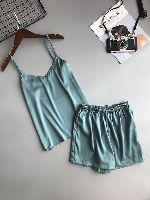 Plain Short Silky Pajama Set - Mubimart
