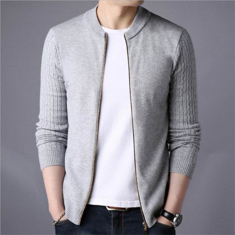 Solid Color Twist Knit Cardigan With Zip Sweater Coat - Mubimart