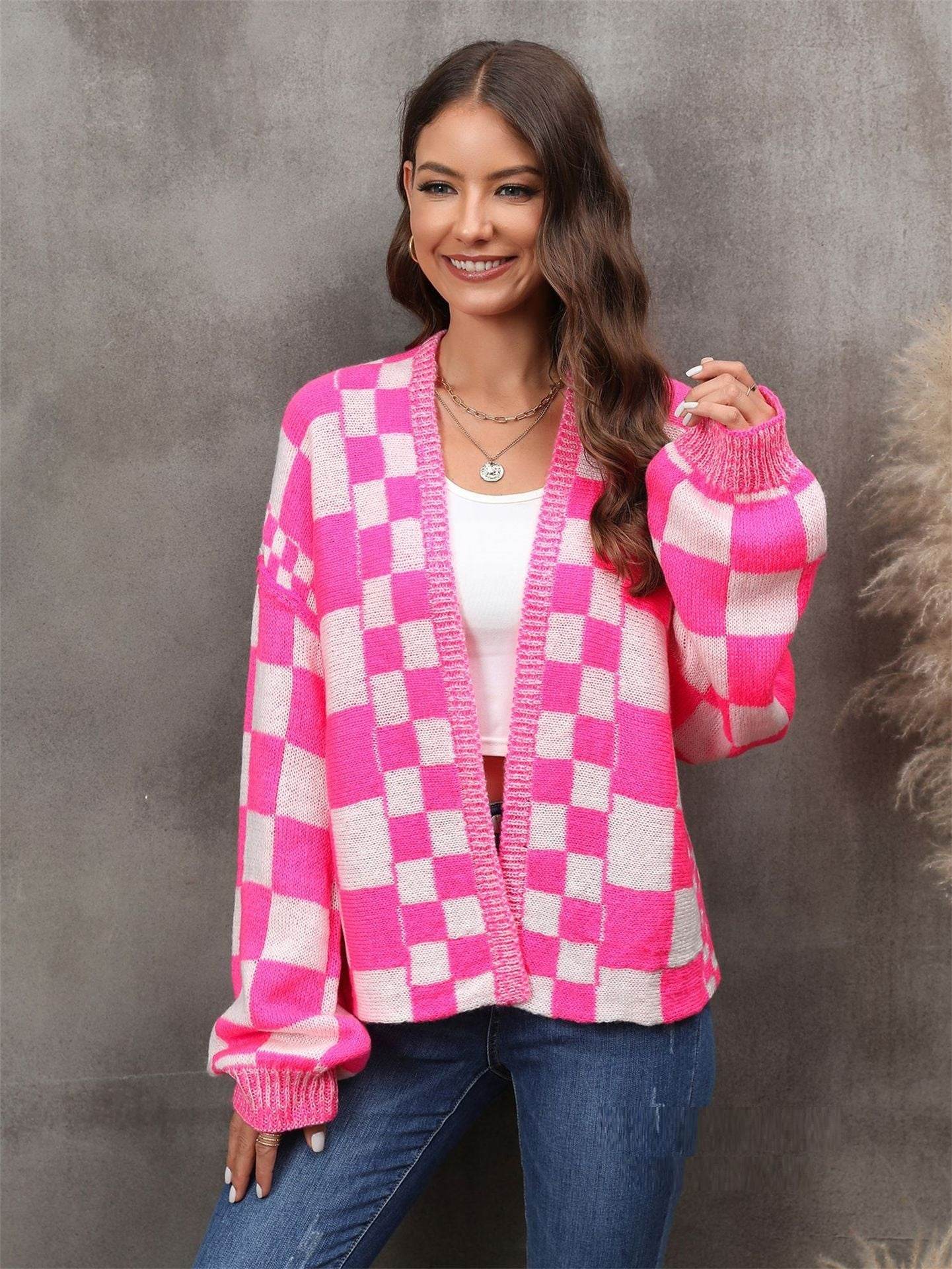 Fashion Plaid Cardigan Plus Size Coat Knitted Coat - Mubimart