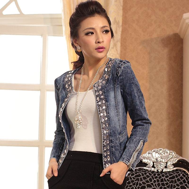 Spot stretch denim jacket rhinestone sequins retro short coat denim jacket denim jacket - Mubimart