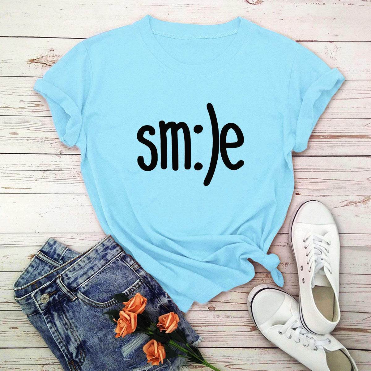 S-5XL Plus Size TShirt Women New Smile Letter Printed Shirt O Neck Short Sleeve Tees Summer Top 100%cotton Women's T-shirts - Mubimart