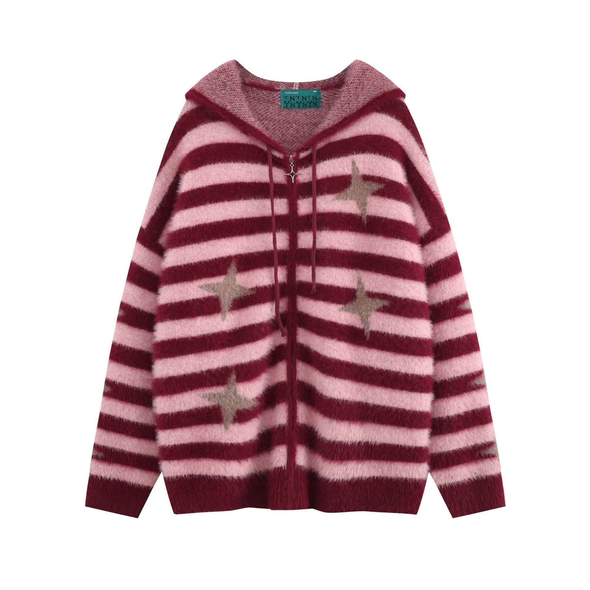 Idle Style Loose Red Striped Hooded Zip Cardigan Sweater Coat - Mubimart