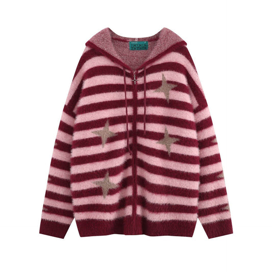 Idle Style Loose Red Striped Hooded Zip Cardigan Sweater Coat - Mubimart