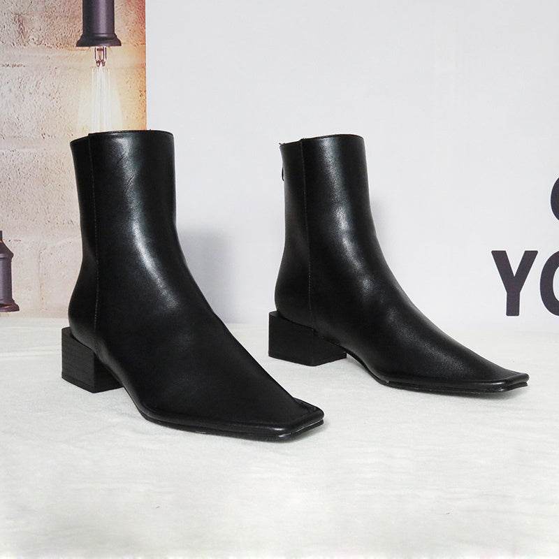 Women's back zipper square toe short boots - Mubimart