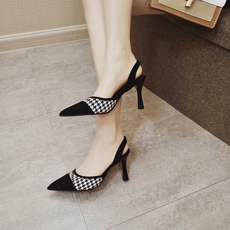 All-match pointed shallow mouth slingback strappy heel black sandals