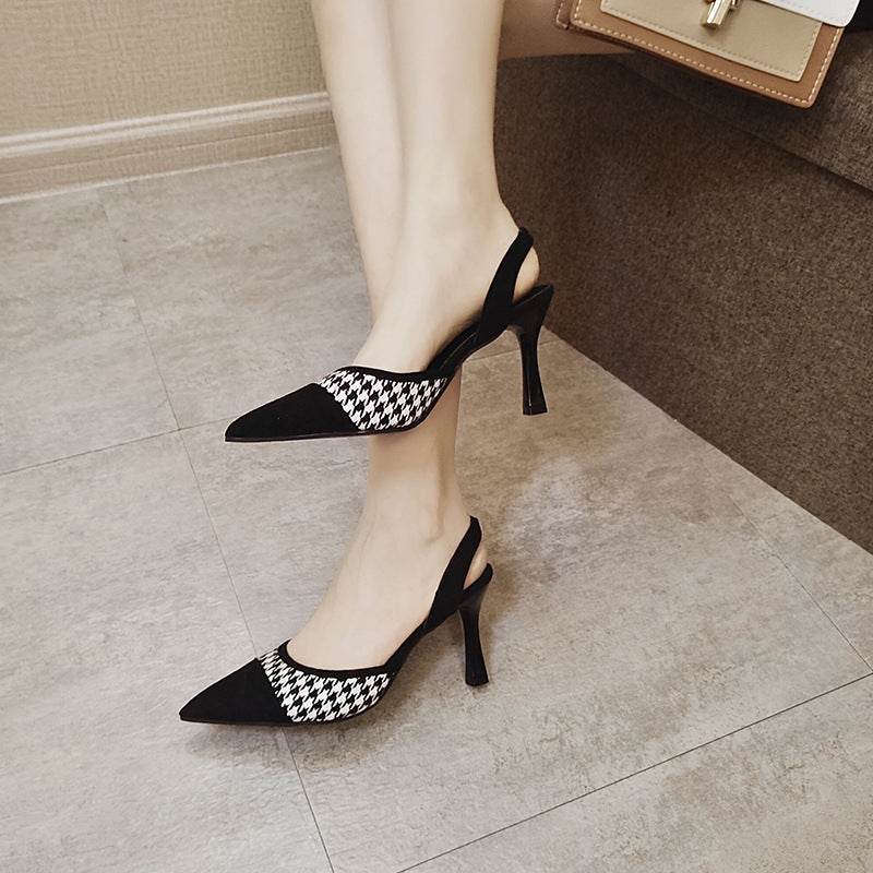 All-match pointed shallow mouth slingback strappy heel black sandals - Mubimart