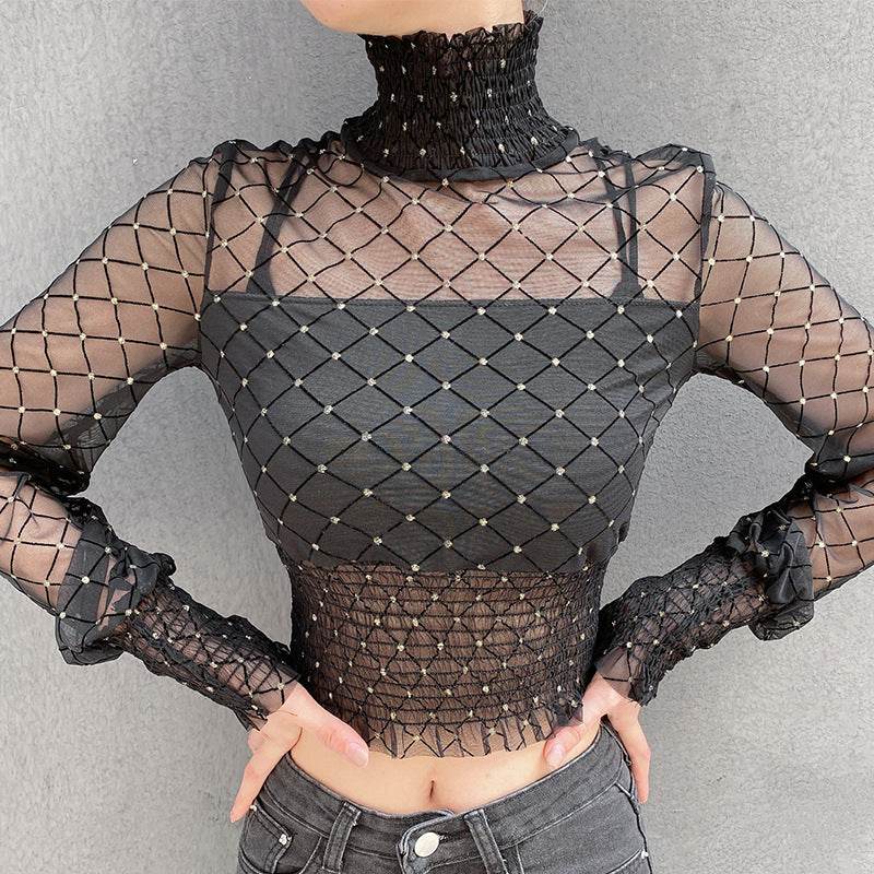 Turtleneck wrapped bra shirt fake two mesh - Mubimart