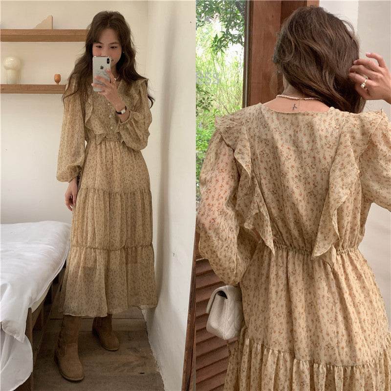 Retro Elegance Chiffon Midi Dress - Mubimart