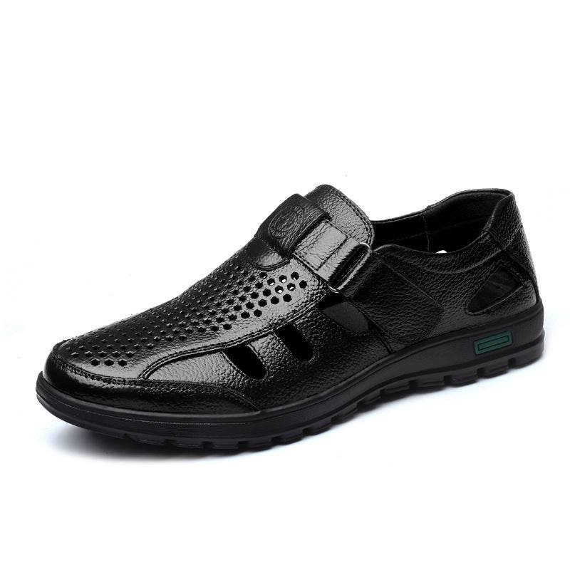 Men's leather hollow breathable sandals - Mubimart